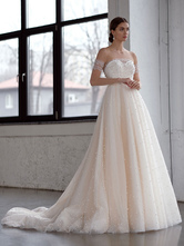 Vestido de noiva branco vestido de noiva linha A Vestido de noiva de tule com brilhantes
