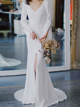 Robe de mariée simple blanche en tissu satiné col en V manches longues boutons robes de mariée sirène