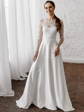 Vestido de noiva simples branco com decote em linha A-line ilusão de mangas compridas pérolas TrainSatin tecido rendas vestidos de noiva