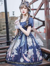 Abito classico Lolita OP Infanta Tema delle fiabe Motivo floreale con stampa Deep Blue Lace Lolita Abiti di un pezzo