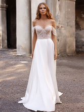 Vestido de Noiva Branco Simples Causal Tecido de Cetim Sem Alças Sem Mangas Recortado Linha A Fora do Ombro Vestidos de Noiva Longos