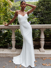Vestido de novia blanco sencillo de sirena  informal  con cuello en V  sin mangas  tirantes finos  tela satinada  vestidos de novia con abertura frontal