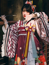 Abiti Lolita stile giapponese Fiocchi bordeaux Stampa floreale Maniche lunghe Wa Lolita Jumper Top Set 2 pezzi