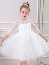 Vestidos de menina flor branca com decote em joia  meia mangas  laços silhueta  vestido curto de princesa  vestidos de festa social infantil