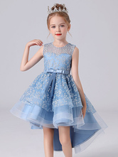 Blue Flower Girl Dresses Jewel Neck Sleeveless Short Princess Dress Sash Lace Kids Party Dresses
