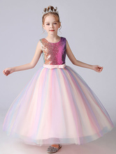 Pink Flower Girl Dresses Jewel Neck Sequined Sleeveless Ankle-Length Princess Dress Bows Kids Party Dresses