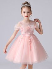 ピンクのフラワーガールのドレスジュエルネックノースリーブショートプリンセスレースの花フォーマルキッズページェントドレス