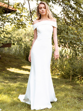 Blanco simple sirena causal vestido de novia Bateau cuello sin mangas sin espalda tela de satén vestidos de novia largos