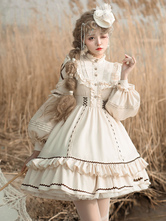 Robe douce Lolita OP en polyester abricot clair manches longues en cascade volants à lacets robe une pièce Lolita croisée