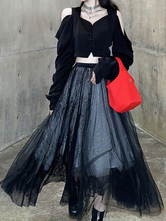 Gothic Lolita Rock Tiered Black Zweifarbige Tüll Casual Lange Lolita Röcke
