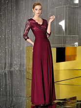 Burgundy Party Dress For Mother Of The Bride V-Neck Half Sleeves A-Line Lace Chiffon Floor-Length Wedding Guest Dresses Free Customization