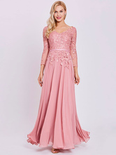 花嫁の母のためのピンクのパーティードレスVネック長袖Aラインレースシフォンロングウェディングゲストドレス