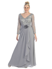 Brautmutterkleider A-Linie- Abendkleider für Hochzeit Hellgrau  Chiffon V-Ausschnitt Hochzeit bodenlang Langarm mit Reißverschluss