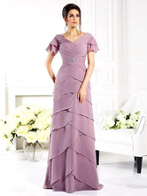 Brautmutterkleider A-Linie- Abendkleider für Hochzeit Chiffon Fuchsienrosa Kurzarm V-Ausschnitt bodenlang lang mit Reißverschluss