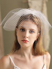 Véu de noiva branco de tule com corte oval tiara de duas camadas