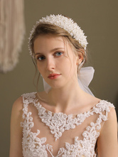 花嫁のための模造真珠の帽子のヘアアクセサリーが付いている白い結婚式のかぶとチュールのヘアバンド