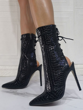 Black Summer Boots Pointed Toe PU Leather Upper Sky High Stiletto Heels