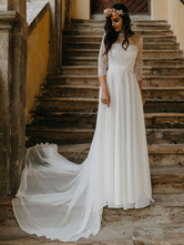 Robe de mariée simple blanche en dentelle col bijou demi manches dos nu une ligne en mousseline de soie en mousseline de soie longues robes de mariée