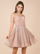 ピンクのウエディングドレスAラインVネックノースリーブバックレスブライトシルクシフォンノースリーブサッシュショートページェントドレス