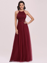 Burgundy Evening Dress 2024 A-Line Halter Tulle Sleeveless Sash Long Formal Dresses Wedding Guest Dresses Free Customization