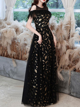 ブラックイブニングドレスAラインジュエルネックレースの床の長さの羽の社会的なページェントのドレス
