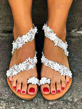 Sandálias rasteiras de casamento brancas de couro de plutônio flores enfeite sapatos de noiva com biqueira aberta