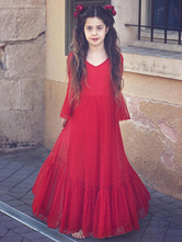Red Flower Girl Dresses V-Neck Long Sleeves Ankle-Length A-Line Lace Formal Kids Pageant Dresses