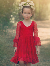Red Flower Girl Dresses V-Neck Long Sleeves Lace Formal Kids Pageant Dresses