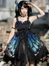 Gothic Lolita JSK Kleid Blau Ärmellos Schnürrüschen Schleife Schmetterlingsmuster Polyester Lässiger Lolita Pullover Rock