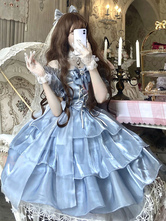Sweet Lolita OP Dress Poliestere maniche corte Fiocchi Pieghettato Ruffles Pink Lolita One Piece Dress