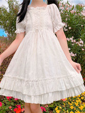 Sweet Lolita OP Dress Manches courtes à lacets Académique Fairytale White Lolita One Piece Dress