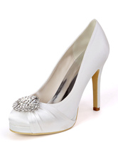 Zapatos de boda Diamantes de imitación de satén blanco Punta redonda Tacón de aguja Zapatos de novia Tacones altos