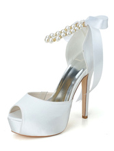 Sapatos de casamento de cetim branco Peep Toe pérolas de salto agulha e tornozelo sapatos de noiva