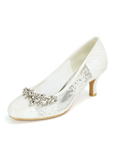 Sapatos de casamento de renda marfim redondo com strass sapatos de salto gatinho de noiva