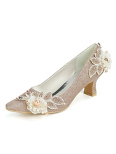 Zapatos de boda Champagne con lentejuelas Flores de tela Punta cuadrada Tacón de perrito Zapatos de novia