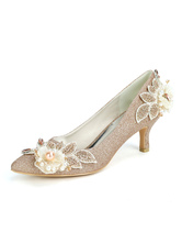 Zapatos de boda Paño con lentejuelas Champagne Punta puntiaguda Flores Zapatos de novia Tacón de aguja