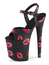 Sandalias sexis para mujer, cuero negro de PU, punta abierta, tacón de aguja, tacón alto, tacones con correa en el tobillo Zapatos de baile de barra