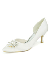 Wedding Shoes Ivory Satin Pearls Pointed Toe Slip On Kitten Heel Bridal Shoes