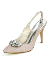 Zapatos de boda Paño con lentejuelas Champagne Punta puntiaguda Diamantes de imitación Tacón de aguja Zapatos de novia destalonados