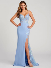 Abito da sera Abito da ballo Scollo a V Backless Poliestere Lunghezza  pavimento Applique Abiti da cerimonia formali azzurri chiari Light -  Milanoo.com