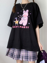 Lolita Korsett für Frauen Jewel Neck Kurzarm Schwarz Polyester T-Shirt