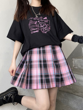 Lolita Bluse für Damen Jewel Neck Kurzarm Schwarz Polyester T-Shirt