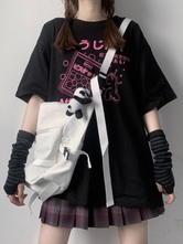 Lolita Blouse For Women Jewel Neck Short Sleeves Black Polyester T-Shirt