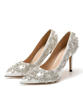 Zapatos de boda Cuero de PU Blanco Punta puntiaguda Diamantes de imitación Tacones de aguja