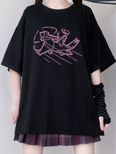 Lolita Bluse für Damen Schwarz Polyester Jewel Kurzarm Schwarz Lolita T-Shirt