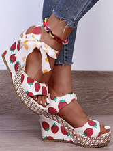 Sandales compensées pour femme Chic à lacets imprimé bout ouvert Satin supérieur rouge sandales compensées