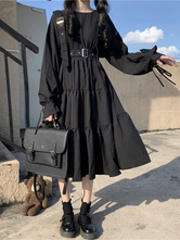 Vestido gótico Lolita OP Vestido negro de manga larga con volantes Poliéster Lolita Vestido de una pieza