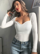 White Ribbed Layering Top For Women Square Neck Long Sleeves Undershirt