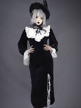 Vestido gótico Lolita OP Vestido negro sin mangas con volantes Lazos Poliéster Patrón cruzado Vestido de una pieza Lolita