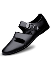 Mens Sandals Slip-On Cowhide Rubber Sole Black Flat Sandals